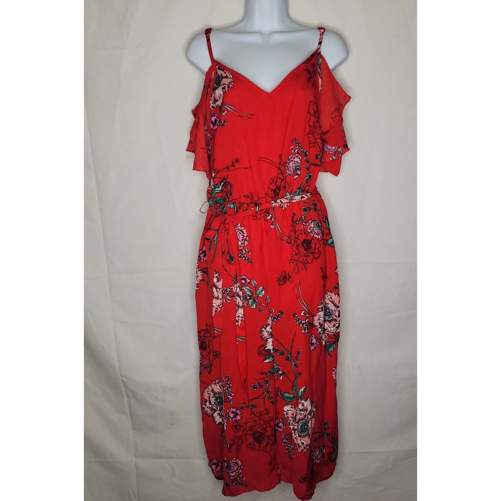 Bailey Blue Red Floral Cold‎ Shoulder Ruffle Maxi Dress Size L